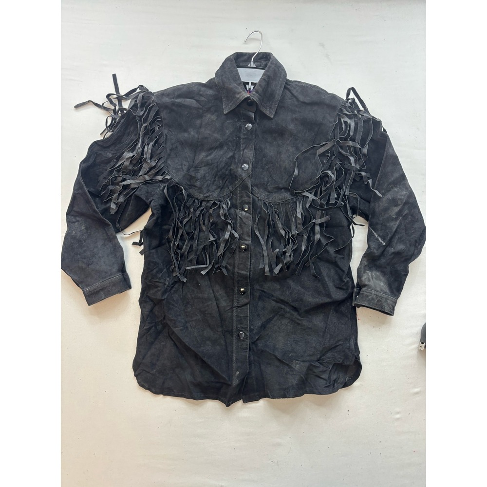 Vintage Don't Stop Black Suede Leather Fringe Western Shirt Jacket Mens Medium